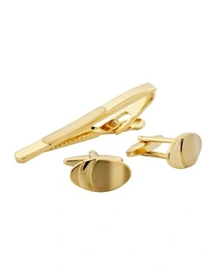 Gold Plated Oval Cufflinks & Tie Bar Matching Set with Smooth Finish