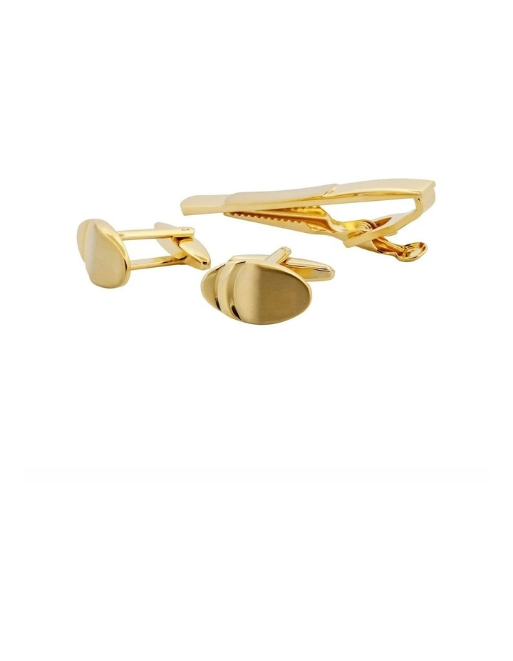 Gold Plated Oval Cufflinks & Tie Bar Matching Set with Smooth Finish image 3