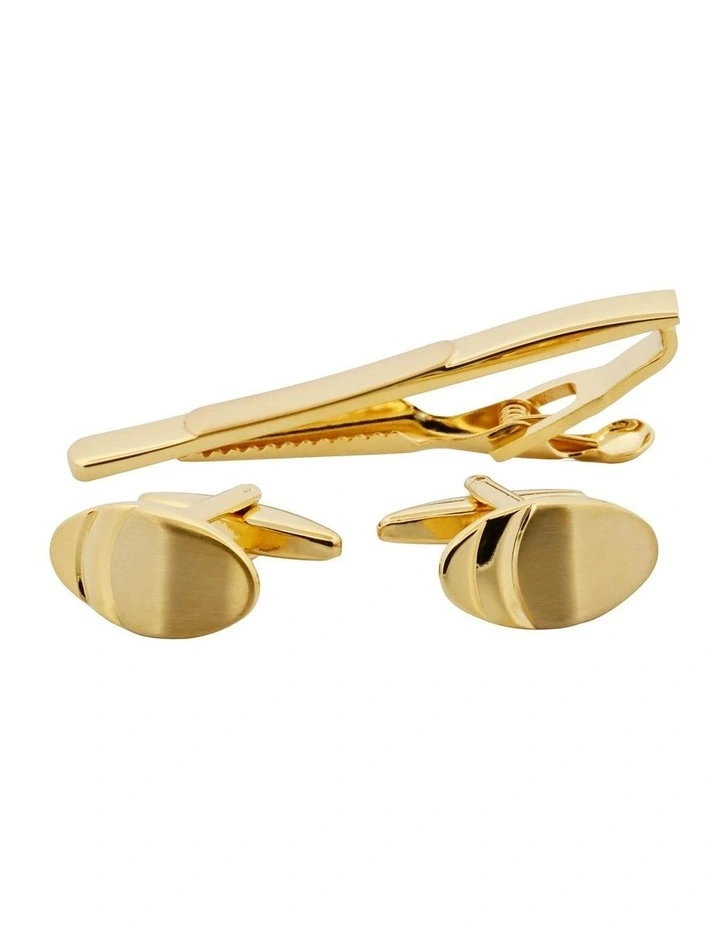 Gold Plated Oval Cufflinks & Tie Bar Matching Set with Smooth Finish image 4