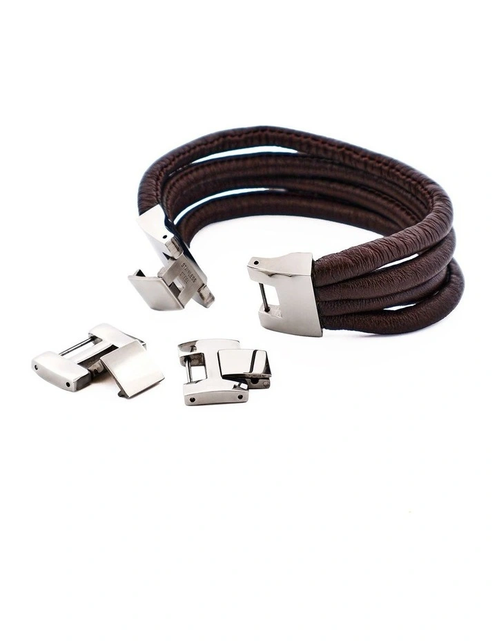 Multi Strand Brown Lamb Leather- Stainless Steel Bracelet image 1
