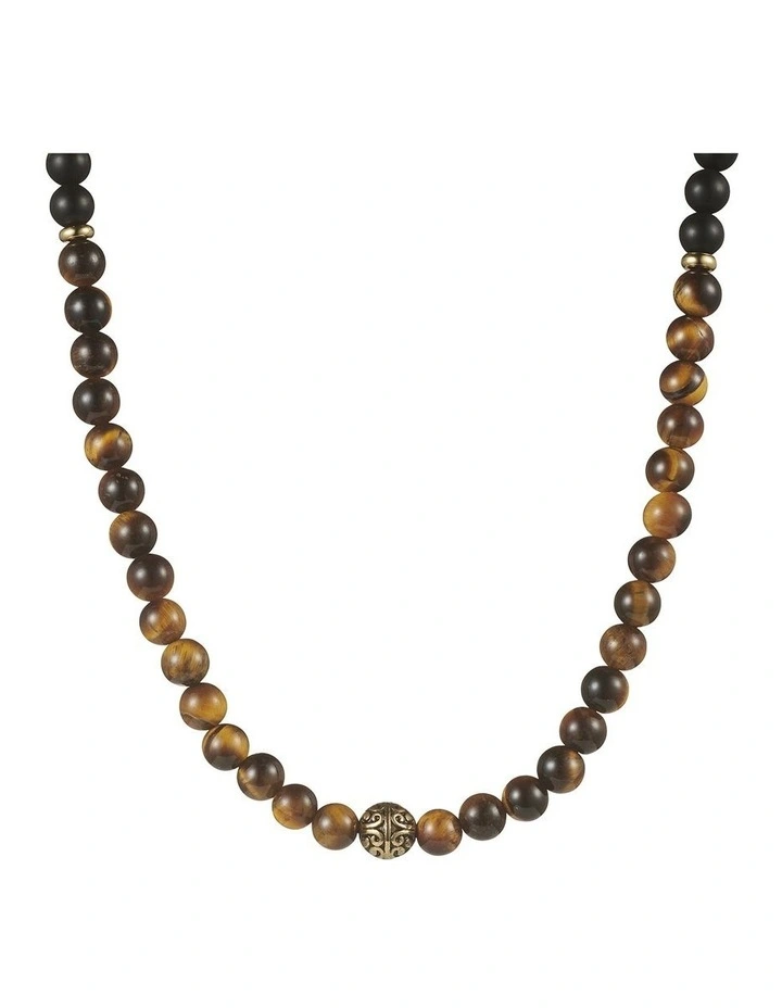 6mm Yellow Tiger Eye & Matt Agate &Ion Plated Gold Stretch Bead Neck Chain image 1