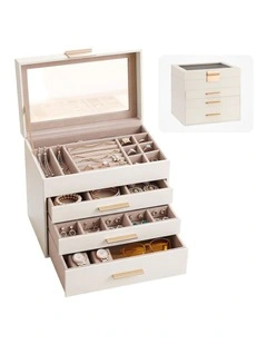 Embellir Jewellery Box 4 Layer Organiser Storage Case Glass Lid Drawers White