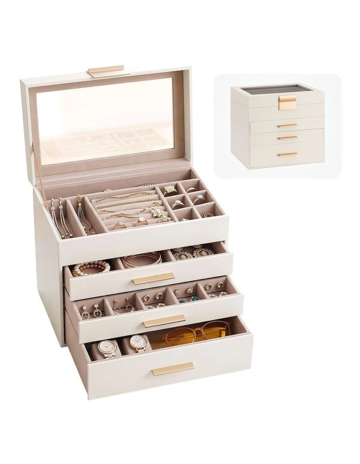 Embellir Jewellery Box 4 Layer Organiser Storage Case Glass Lid Drawers White image 1