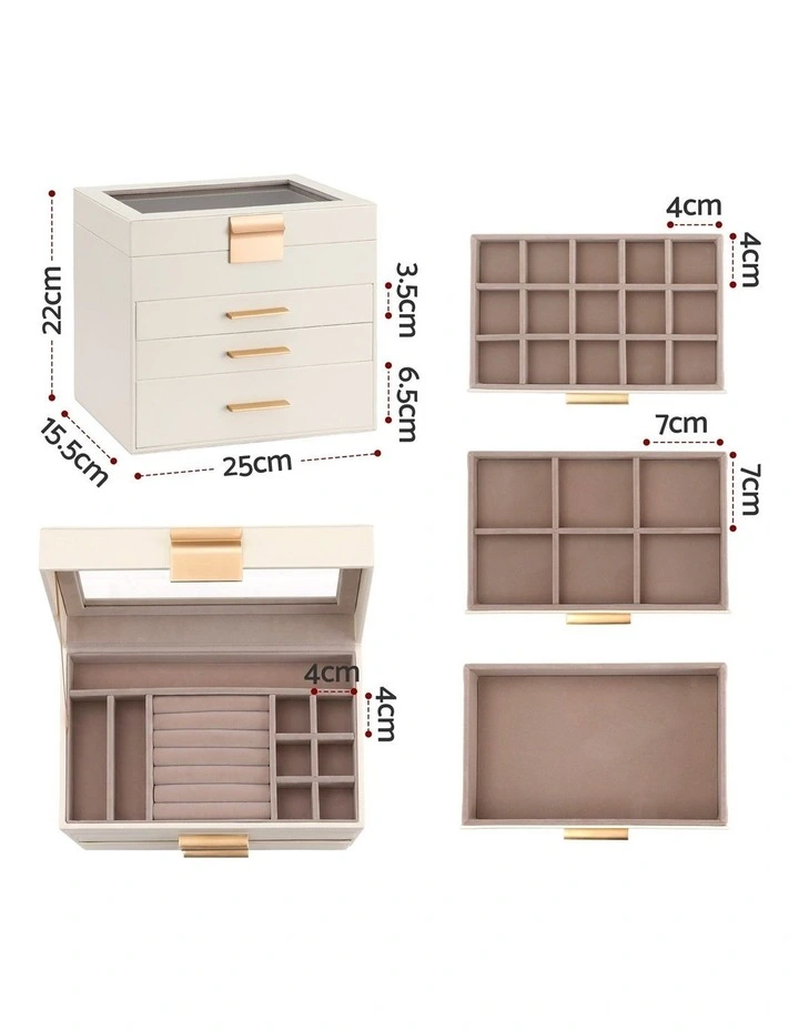 Embellir Jewellery Box 4 Layer Organiser Storage Case Glass Lid Drawers White image 2