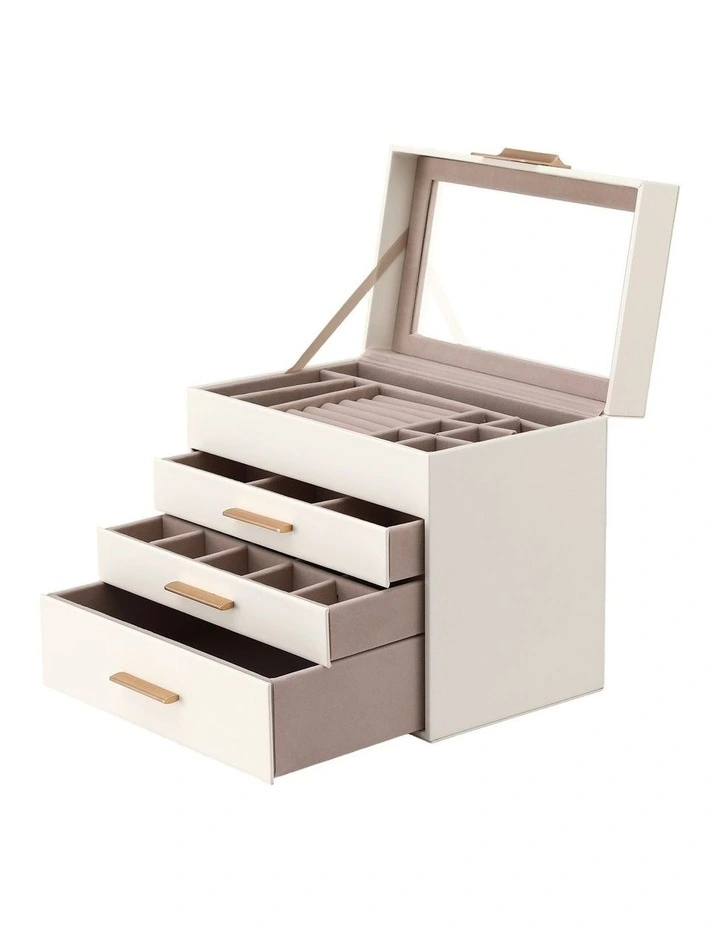 Embellir Jewellery Box 4 Layer Organiser Storage Case Glass Lid Drawers White image 3