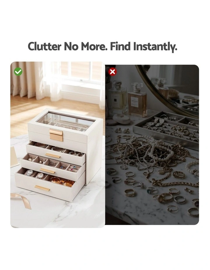 Embellir Jewellery Box 4 Layer Organiser Storage Case Glass Lid Drawers White image 4