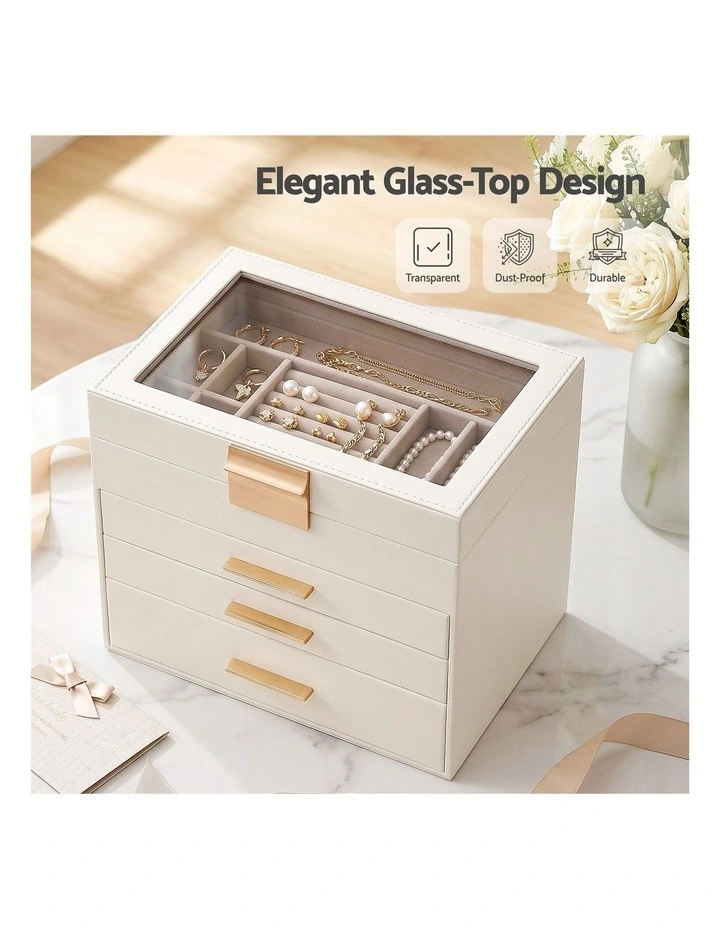 Embellir Jewellery Box 4 Layer Organiser Storage Case Glass Lid Drawers White image 6