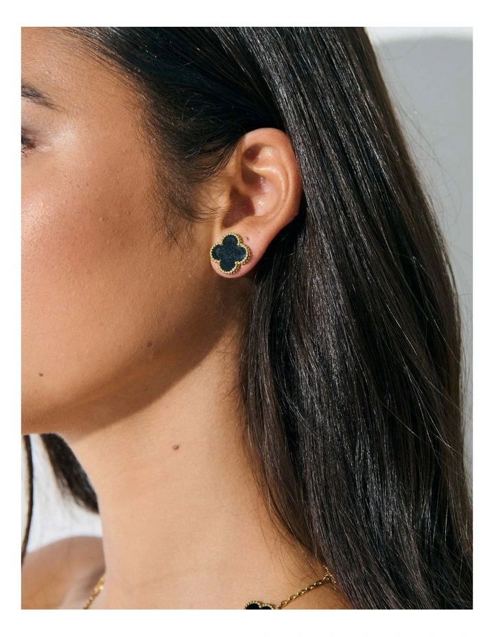 Charlotte Gold Clover Earrings - Black image 2