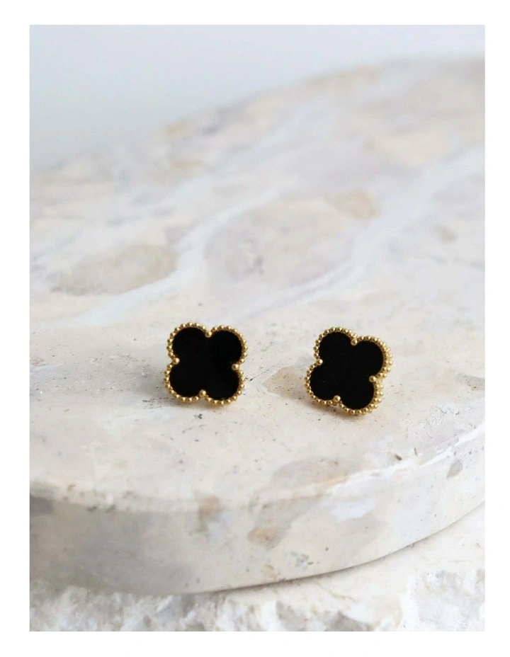 Charlotte Gold Clover Earrings - Black image 5