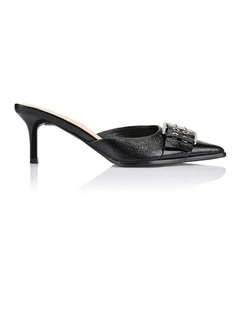 Sez Buckle Stiletto Mules in Black Crinkle