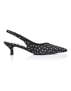 Lush Slingback Kitten Heels- Black Polka Dot Satin