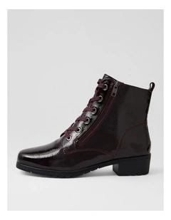 Cash Merlot Patent Leather Lace Up Boots