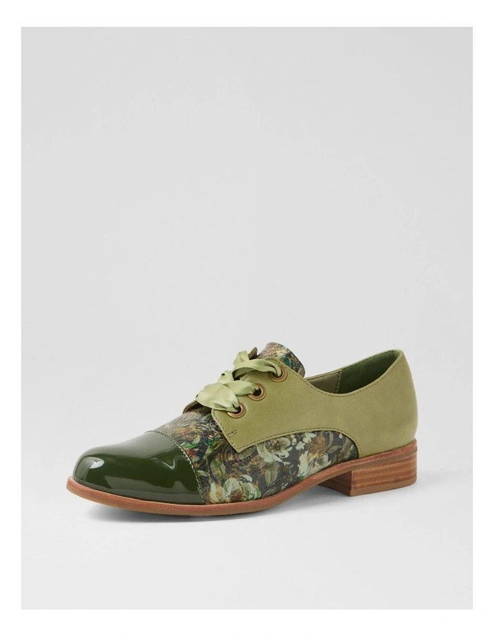 Hannie Dark Khaki Olive Floral Patent Pu Lace Up Flats image 2