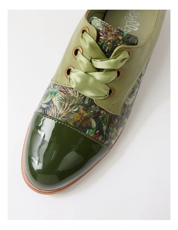 Hannie Dark Khaki Olive Floral Patent Pu Lace Up Flats image 4