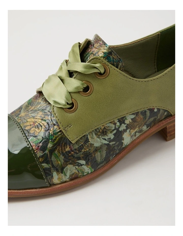 Hannie Dark Khaki Olive Floral Patent Pu Lace Up Flats image 5