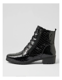 Cash Black Patent Croc Leather Lace Up Boots