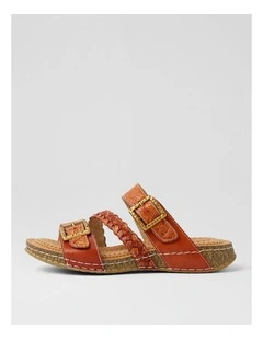 Prena Tan Embossed Leather Slides