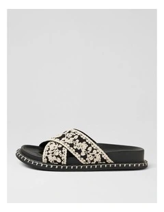 Zakiya Black White Embroidery Fabric Slides