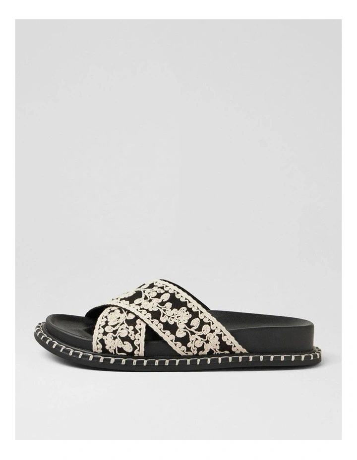 Zakiya Black White Embroidery Fabric Slides image 1