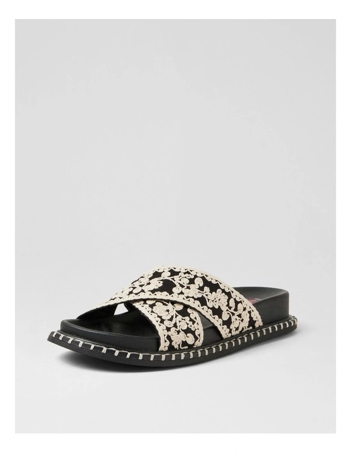 Zakiya Black White Embroidery Fabric Slides image 2