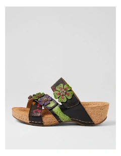 Jasmine Black Botanical Leather Wedges