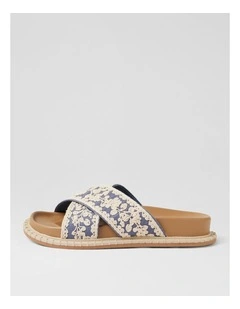 Zakiya Denim White Embroidery Fabric Slides