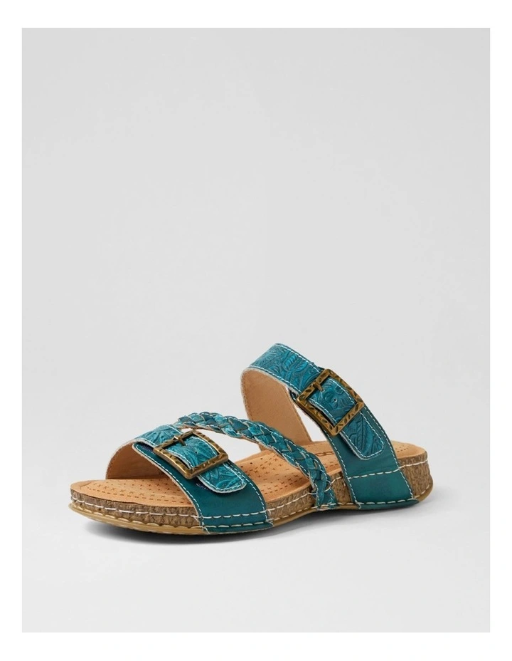 Prena Teal Embossed Leather Slides image 2