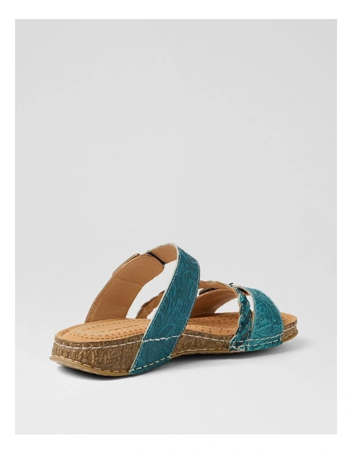 Prena Teal Embossed Leather Slides image 3