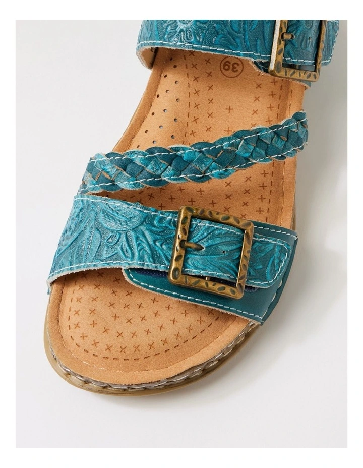 Prena Teal Embossed Leather Slides image 4