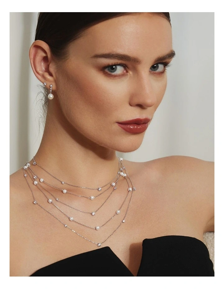 Silver Shell Pearl Station Chain Necklace image 1
