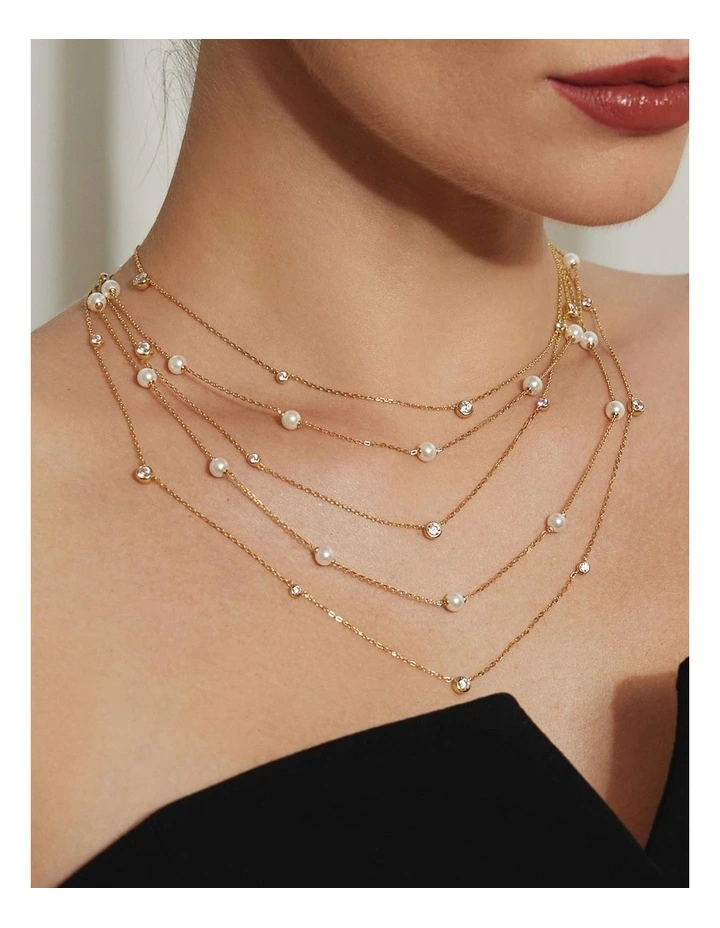 Gold Shell Pearl Station Chain Necklace image 2
