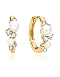 Gold Shell Pearl Cluster Huggie Hoop Earrings