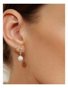 Silver Tennis Beaded Stone Pearl Drop Stud Earrings