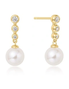 Gold Tennis Beaded Stone Pearl Drop Stud Earrings