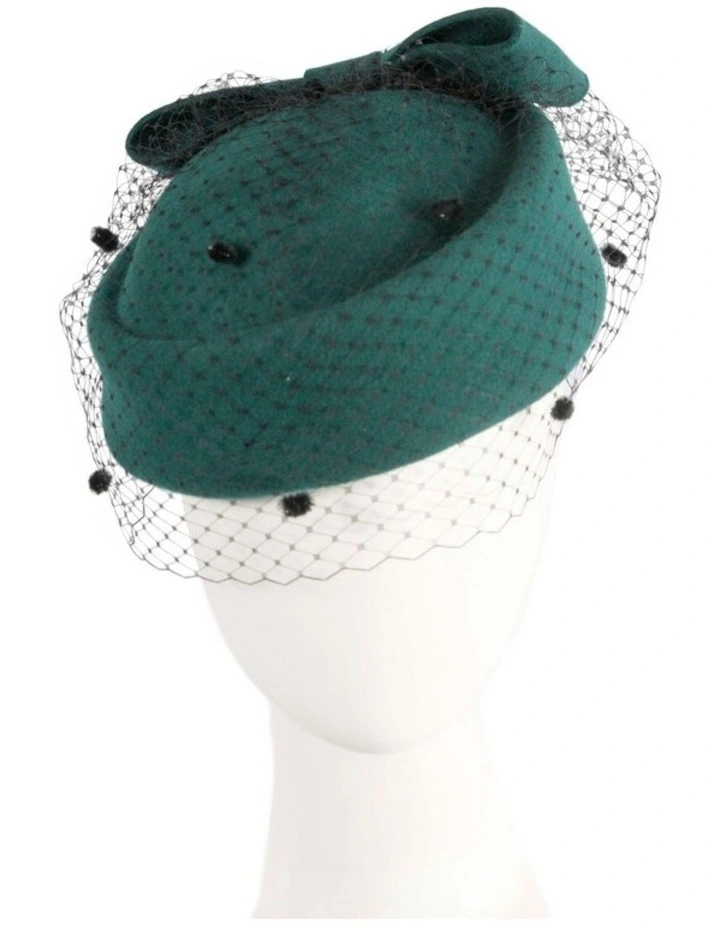 Max Alexander green wool felt pillbox hat with face veil J431GRN image 1
