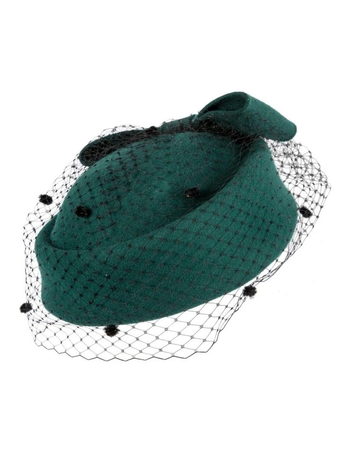 Max Alexander green wool felt pillbox hat with face veil J431GRN image 2