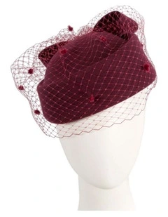 Max Alexander burgundy wool felt pillbox hat with face veil J431W