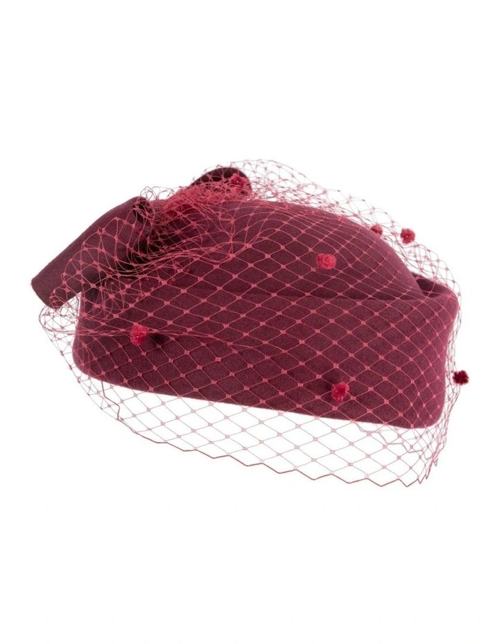 Max Alexander burgundy wool felt pillbox hat with face veil J431W image 3