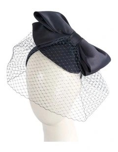 Max Alexander navy satin fascinator with large bow and veil MA805N-V