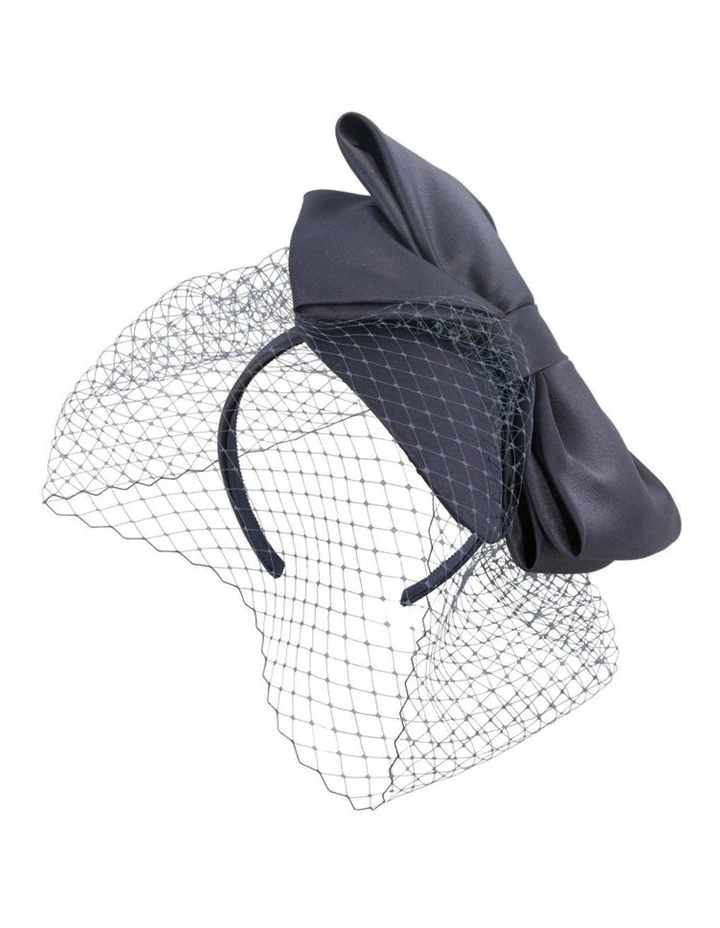 Max Alexander navy satin fascinator with large bow and veil MA805N-V image 2