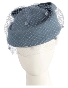 Max Alexander light blue wool felt pillbox hat with face veil J431LBL