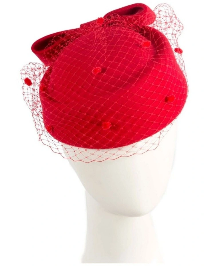 Max Alexander red wool felt pillbox hat with face veil J431R image 1