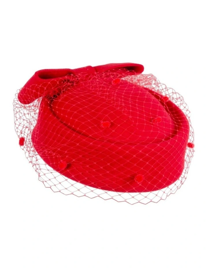 Max Alexander red wool felt pillbox hat with face veil J431R image 2