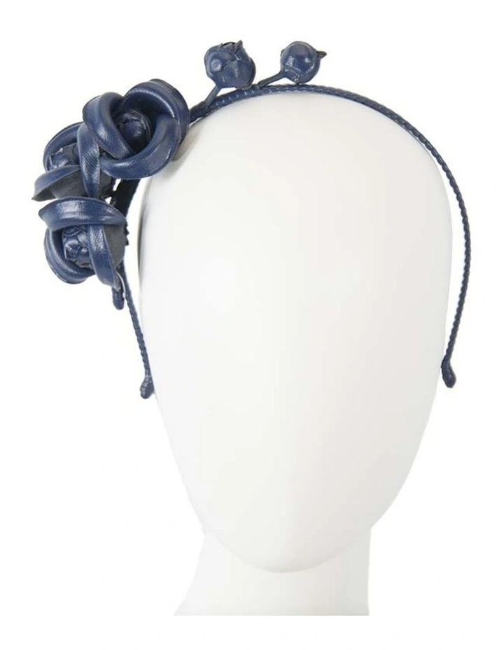 Faux Leather Flower Headband Fascinator J377N in Navy image 2