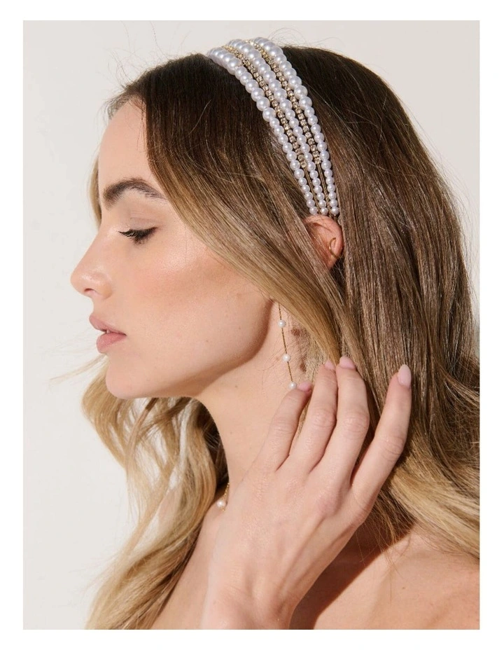 Harper Triple Pearl Headband in White image 2
