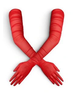 Ariana Ruched Mesh Opera Gloves in Red