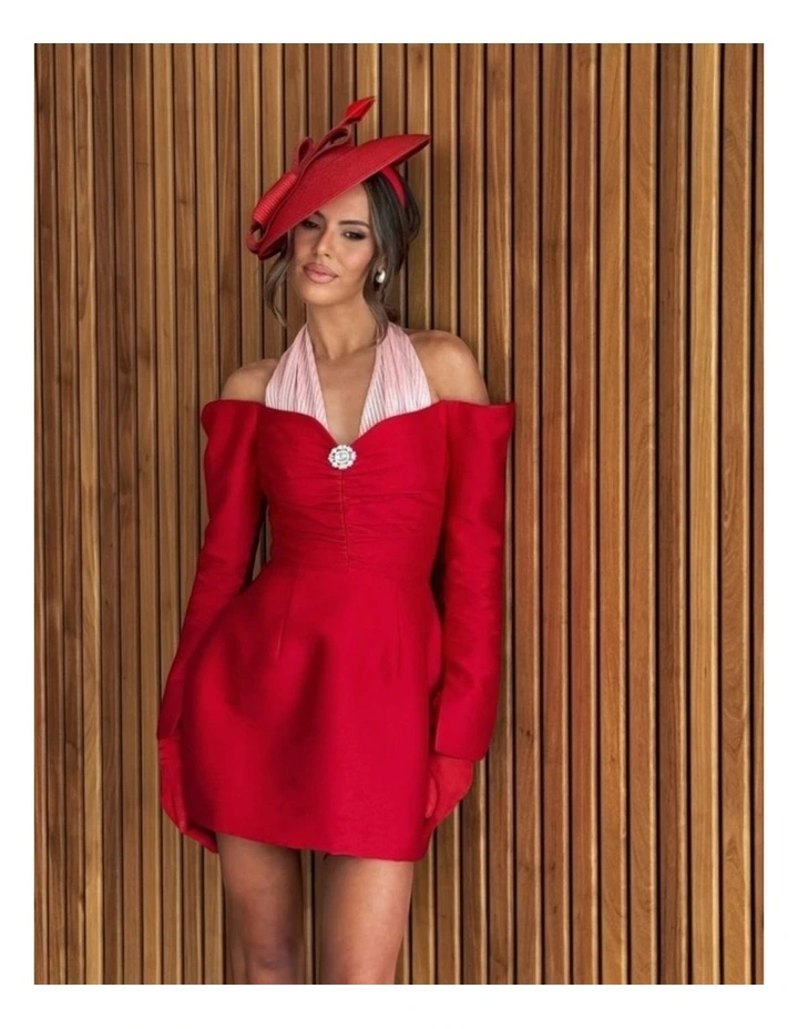 Ariana Ruched Mesh Opera Gloves in Red image 2