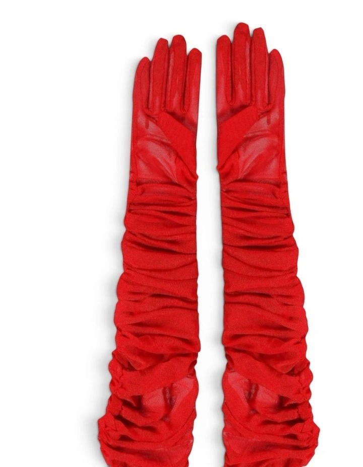 Ariana Ruched Mesh Opera Gloves in Red image 3