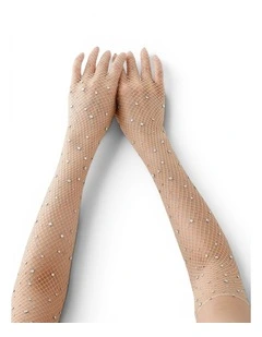 Glitter Fishnet Opera Gloves in Beige