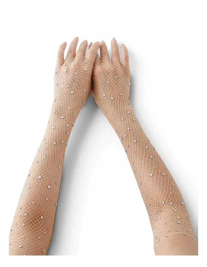 Glitter Fishnet Opera Gloves in Beige image 1